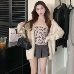 韩版小众时尚慵懒风长袖针织开衫豹纹抹胸搭配女秋季新款潮流百搭