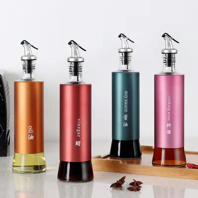Colorful glass oil bottle set, kitchen soy sauce pot, airtight anti-leak seasoning vinegar bottle, portable oil bottle