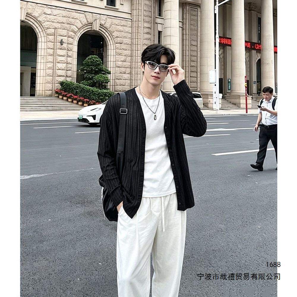Summer Thin Textured Sun Protection Cardigan Long Sleeve Top Men's Fashion Loose Casual Versatile Striped Sun Protection Clothing