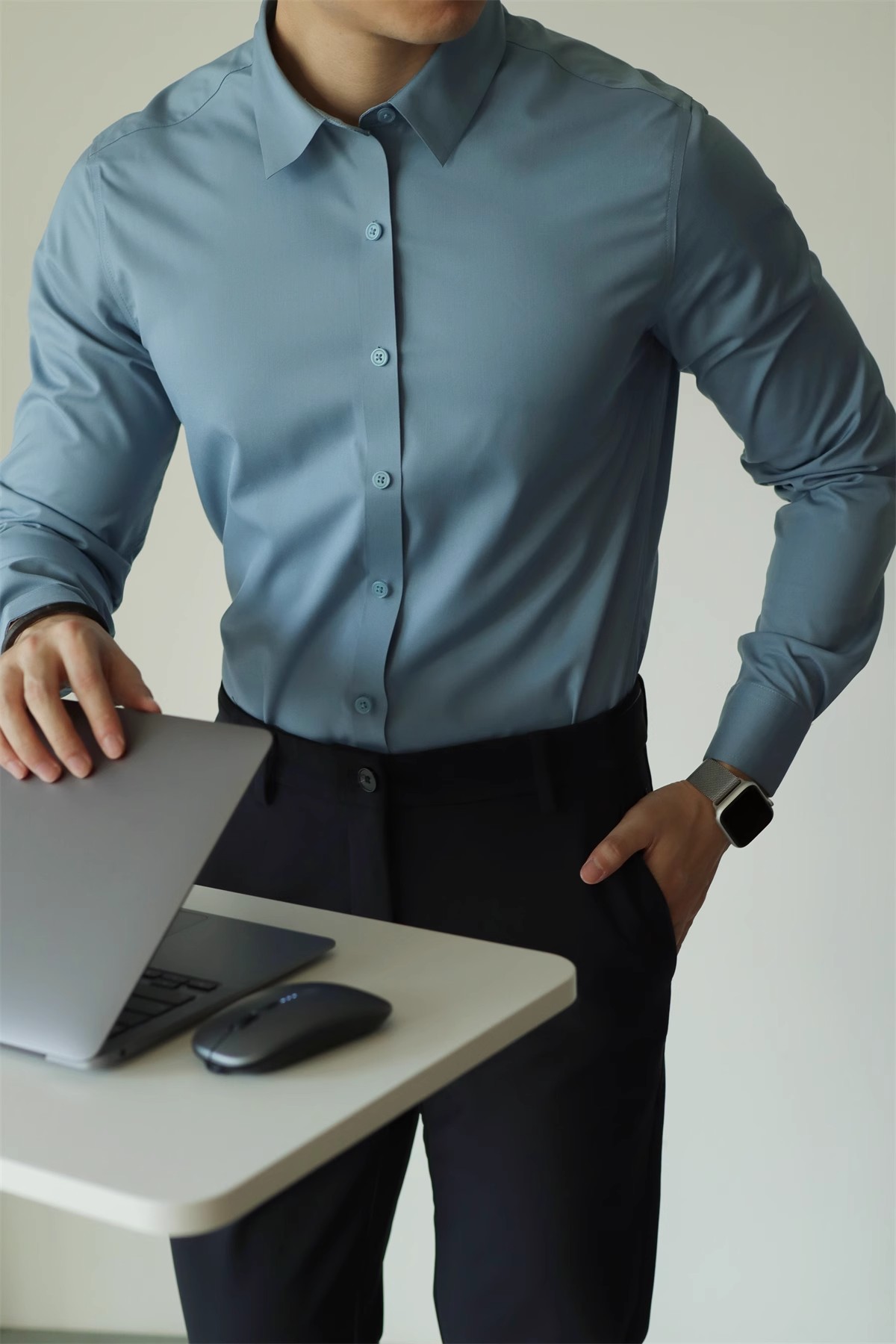 Abbigliamento da uomo, non stirabile, tinta unita, tecnologia nera a tre strati, senza cuciture, in fibra di bambù, a maniche lunghe, per il tempo libero, per lavoro, vestibilità comoda e aderente._voghion.com