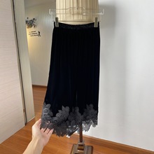 后开叉~法式女人味水溶花蕾丝拼接真丝丝绒半身裙女夏季薄款垂感
