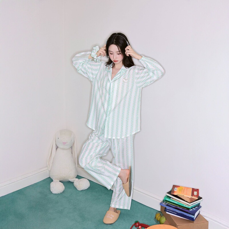 Striped heart-pattern all-cotton long-sleeve pajamas for women, spring and autumn home wear set, Korean style, loose and comfortable, can be worn outside Striped heart-pattern all-cotton long-sleeve pajamas for women, spring and autumn home wear set, Korean style, loose and comfortable, can be worn outside