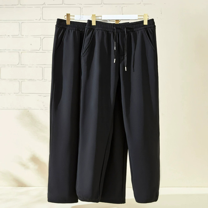 Men's plus-size, oversized, fleece-lined casual pants for autumn and winter, featuring six-layer technology for windproof protection, and a high waist