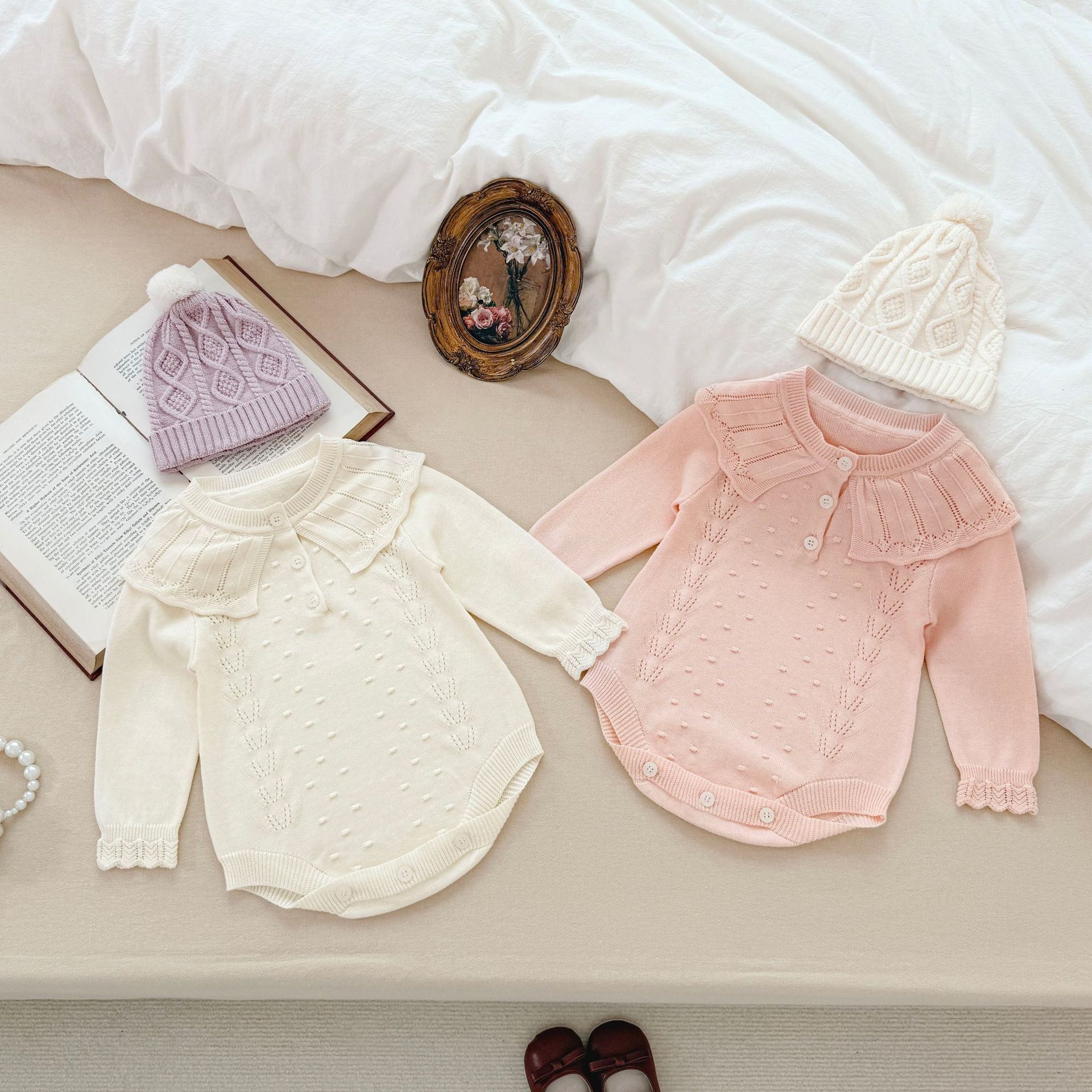 Spring/Summer Baby Girl Knitted Ruffled Collar Romper with 3D Polka Dot Half-Open Triangle Bodysuit