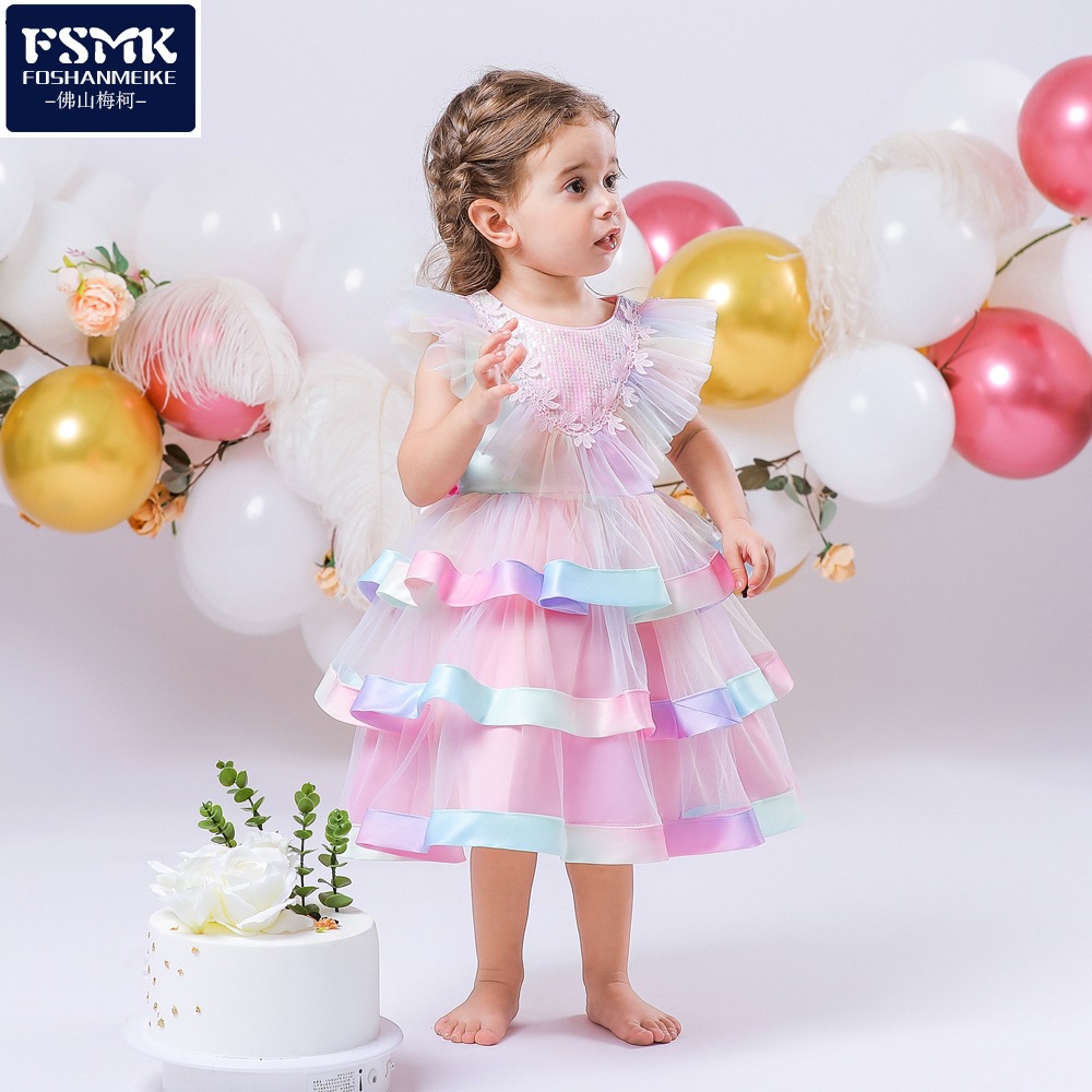 Vestido infantil nuevo 2026 con lentejuelas, falda de pastel multicolor en capas, tul abullonado, vestido de primer cumpleaños, disfraz infantil para actuación.