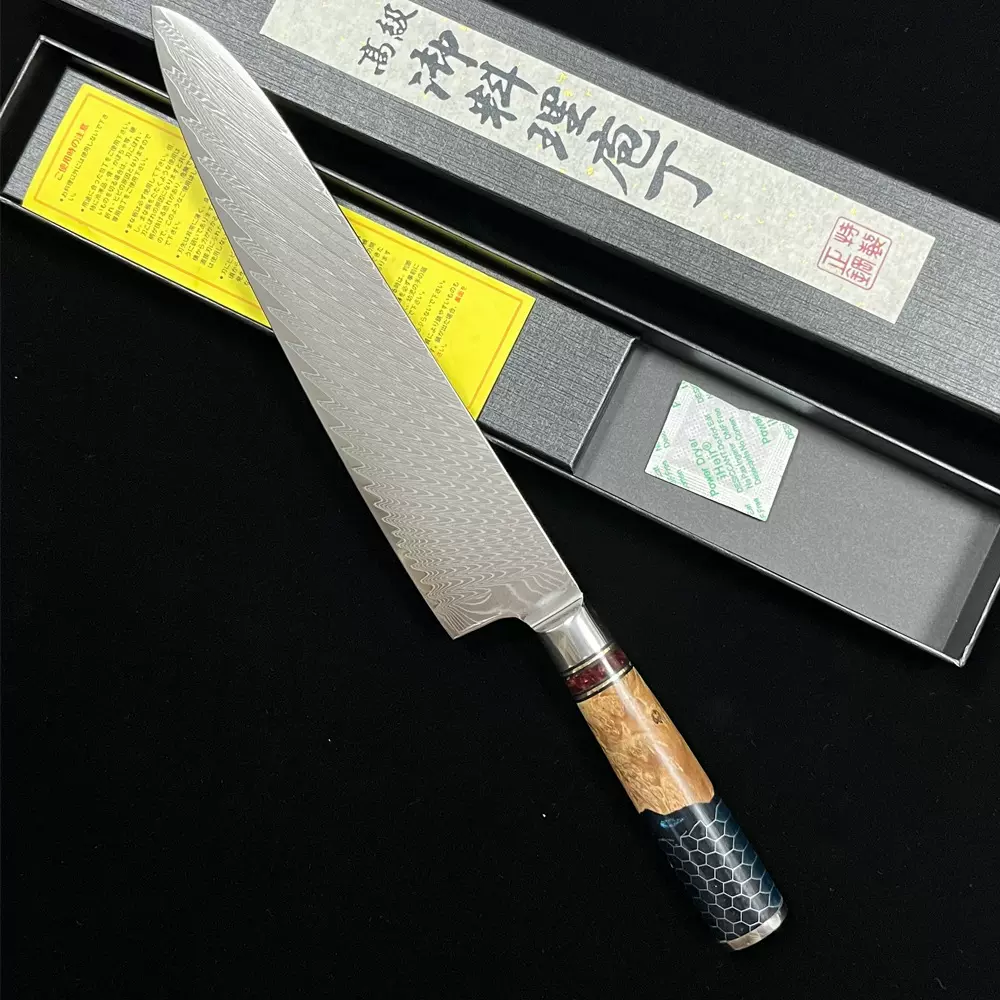 现货大马士革钢240牛刀蜂窝稳定木柄厨师刀酒店西厨专业料理刀