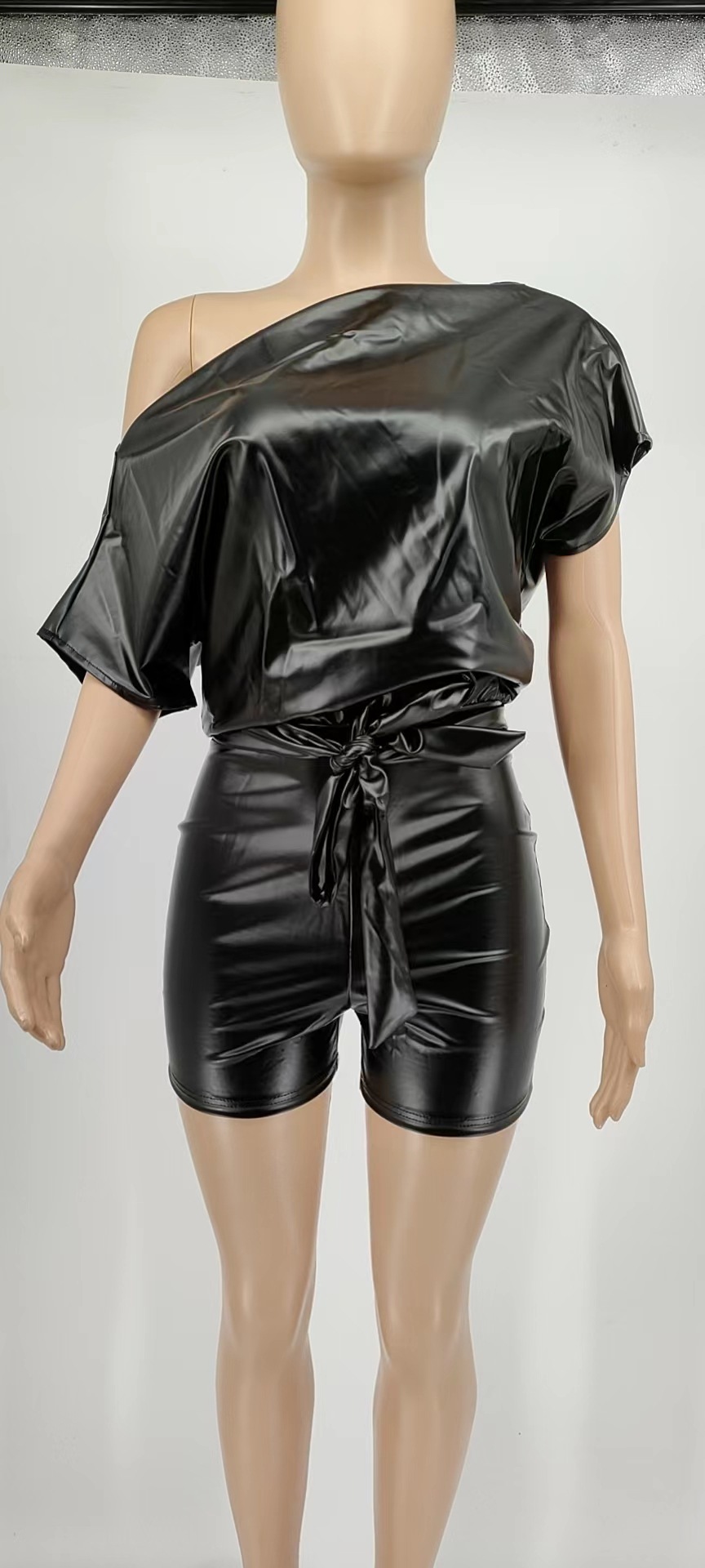 Women Summer Casual Sexy off-the-Shoulder Faux Leather Romper