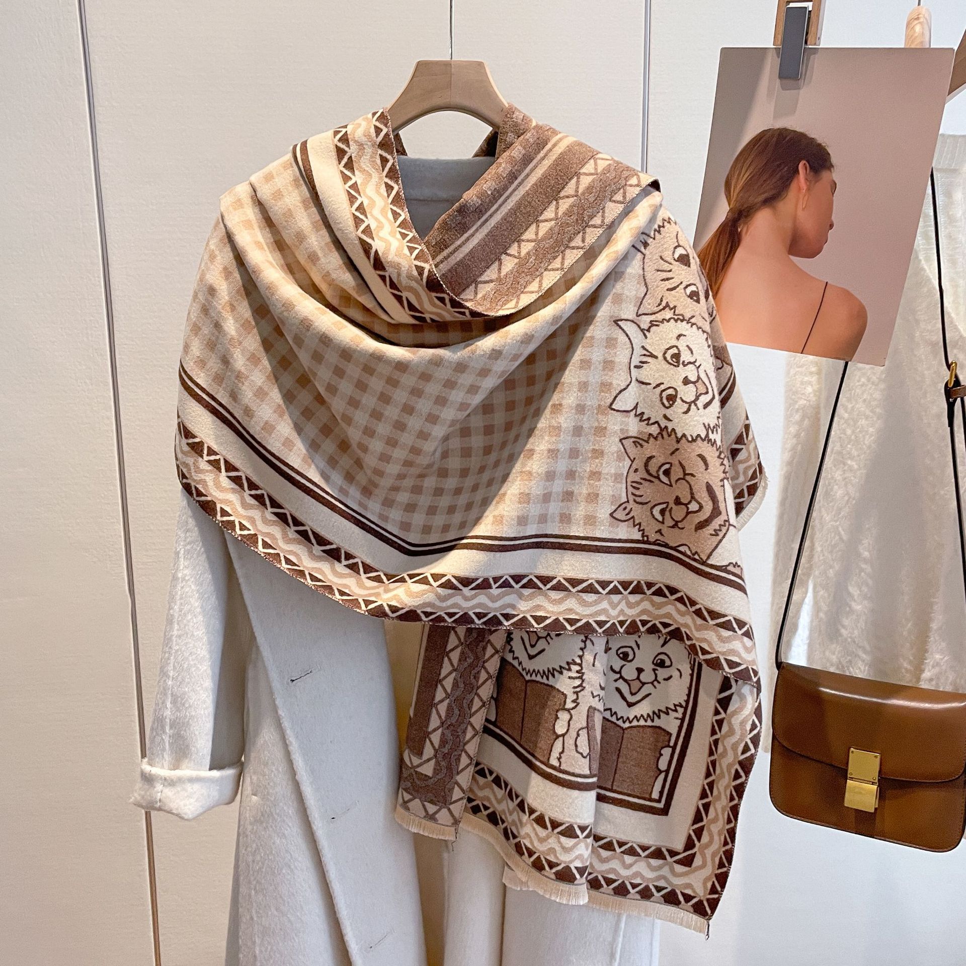 2023 nuevo estilo coreano versátil bufanda engrosada chal otoño e invierno cálido cachemir-como plaid gatito impreso bufanda para mujeres
