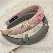 原创做旧复古印花海绵布艺发箍2024中古风头箍显脸小气质压发发卡