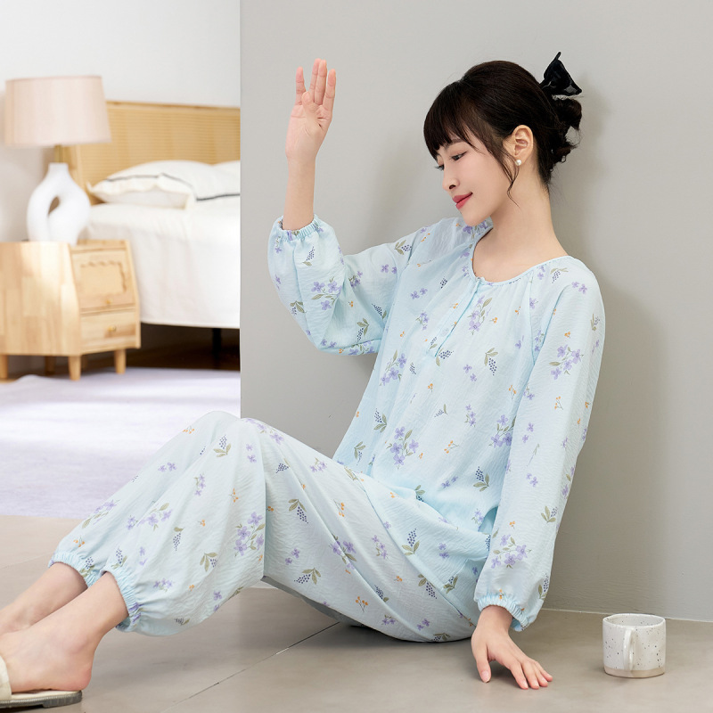 春秋季新款棉绸睡衣女棉绸纽扣长袖套装韩版时尚云朵棉薄款家居服|undefined