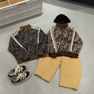 男童秋冬夹棉棉衣外套美式复古豹纹棉服儿童立领拼接休闲外套高街