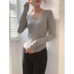 简约纯白色打底衫女2025新款春秋内搭V领修身长袖T恤显瘦韩系上衣