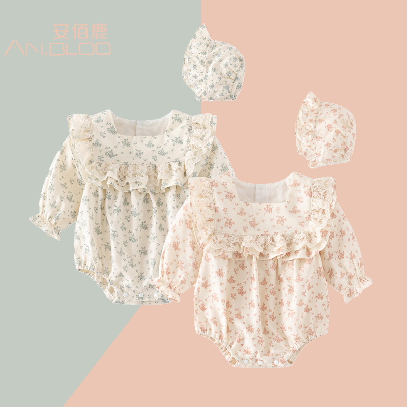 Primavera nuevo bebé mono niña fresca floral bolsa pedo mameluco recién nacido Luna llena sombrero mameluco