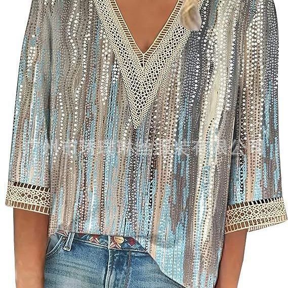 2023 Amazon European and American fashion women's loose new floral print lace half sleeve V-neck T-shirt