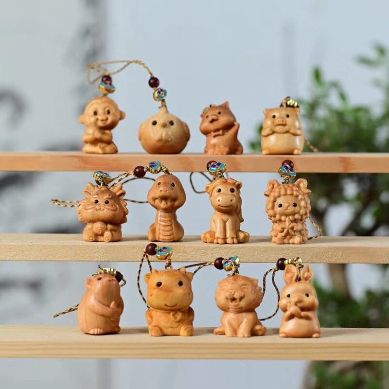Thuja Zodiac Cartoon Wooden Mobile Phone Chain Bag Keychain Mouse Ox Tiger Rabbit Dragon Snake Horse Sheep Monkey Chicken Dog Pig