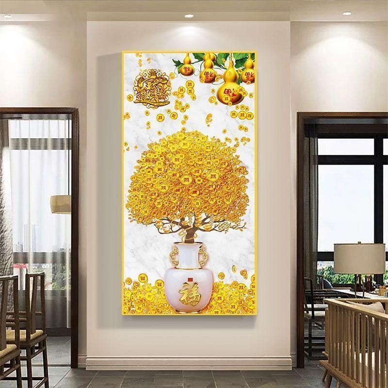 玄关装饰画自粘招财进宝高档贴画现代轻奢黄金满地五福临门发财树|undefined