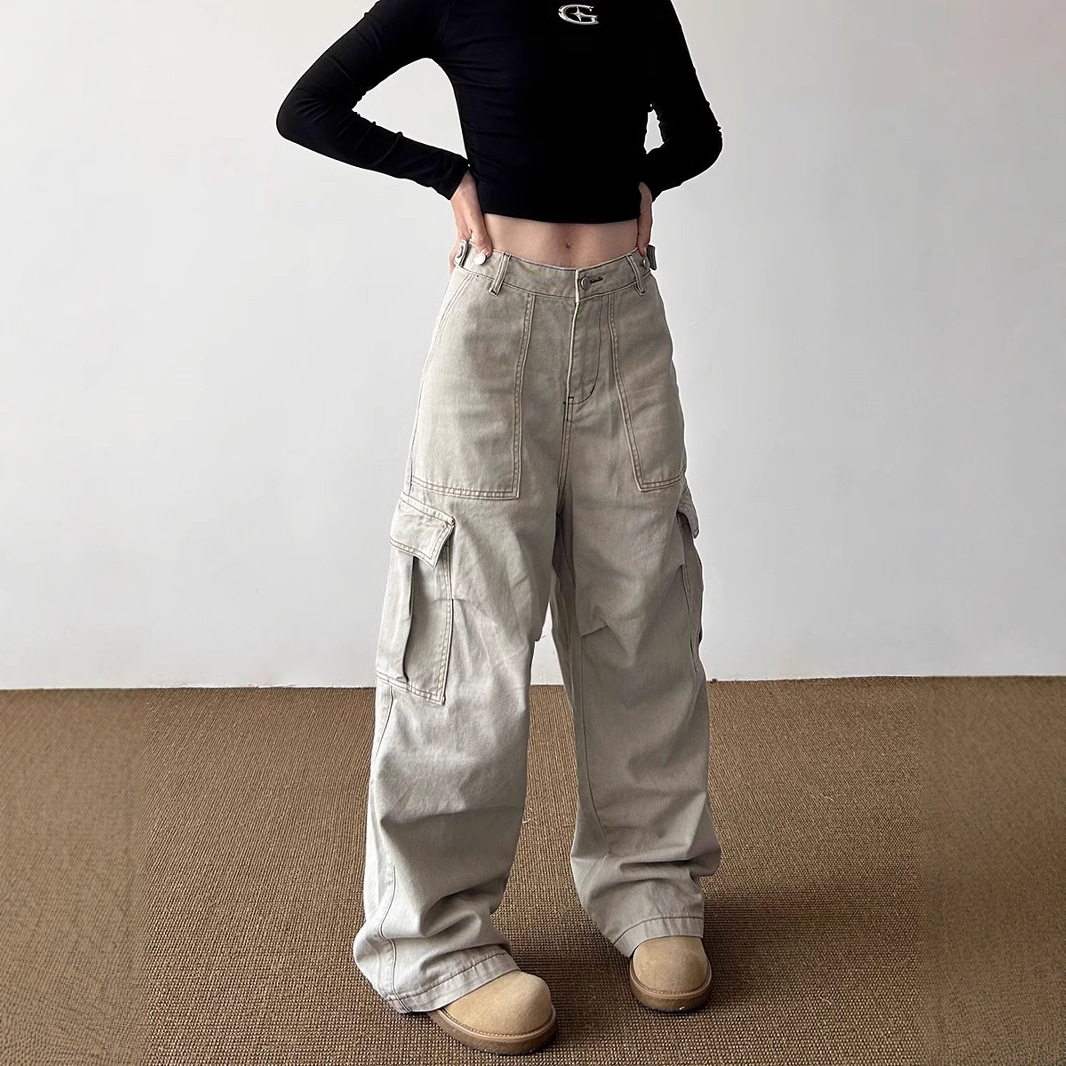 plus size American Style Retro Design Sense Large Pocket Cargo Pants Women's Design Sense Street Loose All-match Straight Pants Trendy