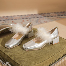 53310【羊皮】銀色高跟鞋女2024年新款方頭瑪麗珍鞋粗跟毛毛單鞋