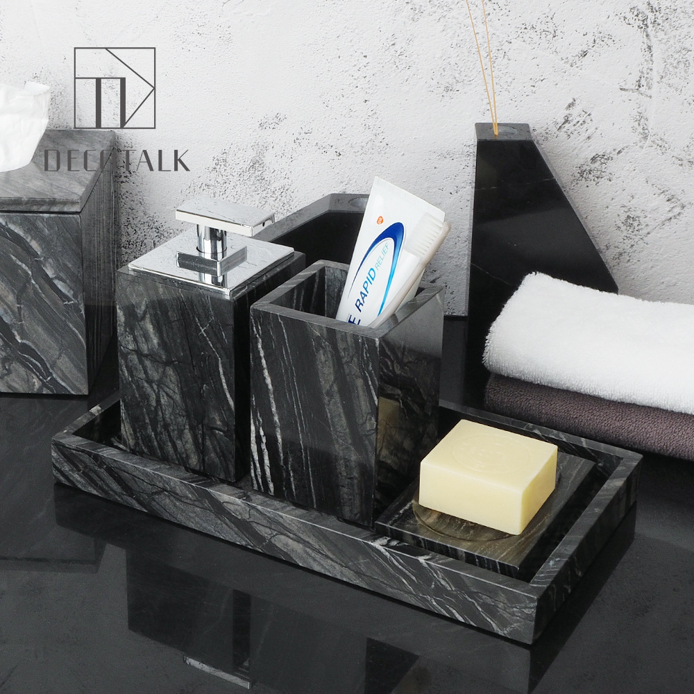 Deco Talk Marble Bathroom Toiletries Set Hand Sanitizer Bottle Cotton Swab Jar Tray Tissue Box Toothbrush Holder