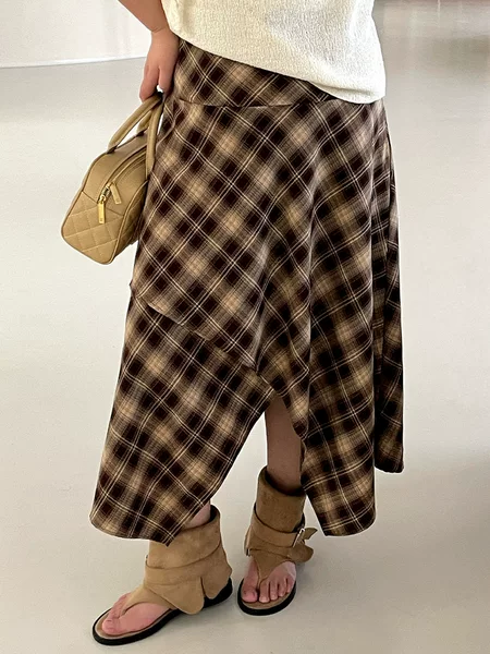 Plus-size retro plaid long skirt for women, 2026 autumn collection, plus-size women's clothing, irregular hem layered skirt NQ1588
