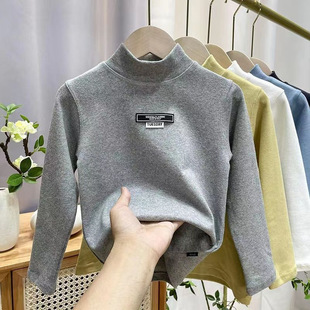 Boys' Half-High Collar Base Shirt Children's Velvet Long-Sleeved Warm Top Boys' Autumn and Winter fleece-lined Thickened Middle Collar T-Shirt