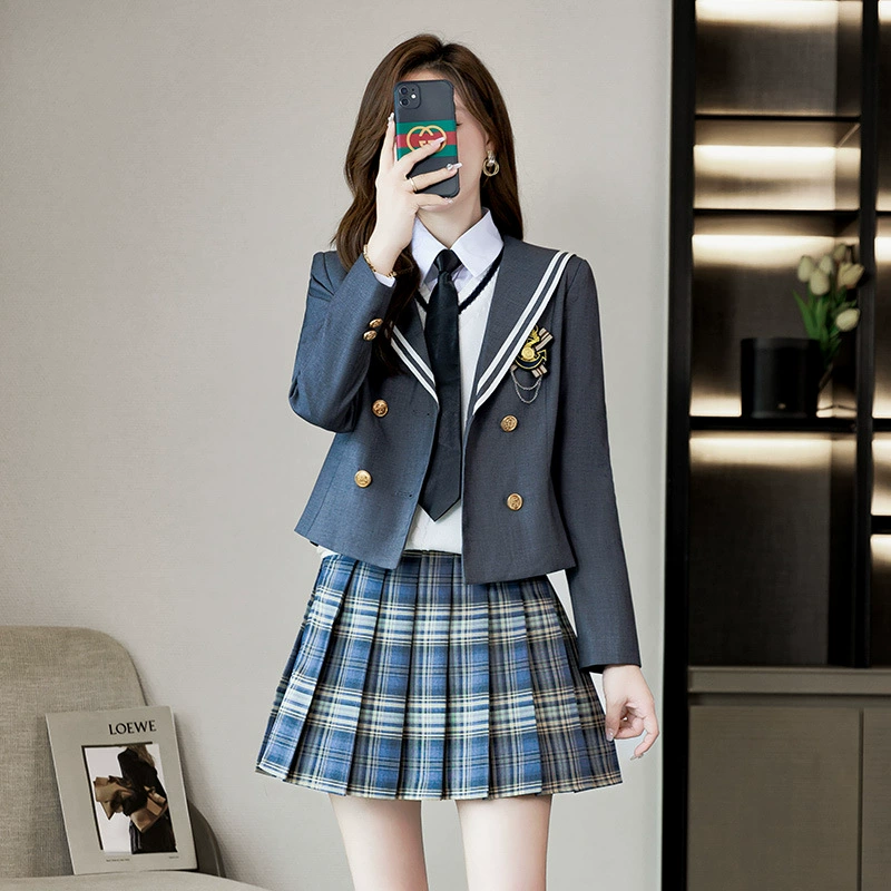 Серый пиджак, женская весна и осень 2023, новый уменьшающий возраст костюм JK, костюм в стиле Британской академии, костюм с плиссированной юбкой