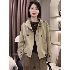 2025年秋季新款时尚立领风衣外套女小个子宽松休闲双排扣短款上衣