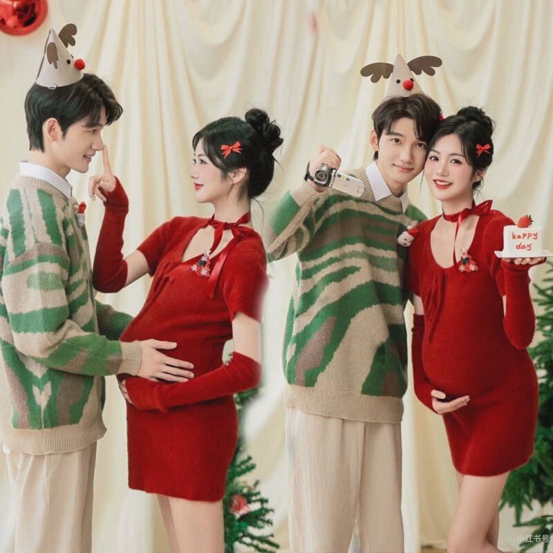 New Photo Studio Pregnant Women Photo Clothing Christmas Theme New Year Red Sweater Couple suit Photography Home Style