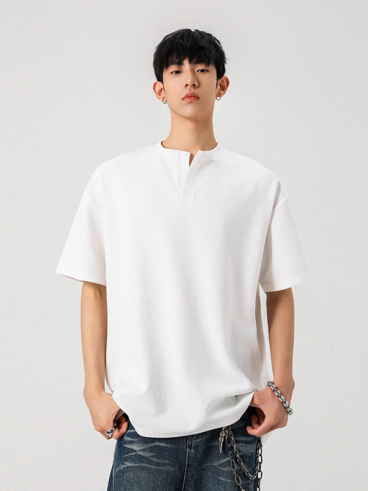 Camiseta de peso pesado con cuello Henry americano para hombre waffle de verano hombro de manga corta camiseta casual suelta