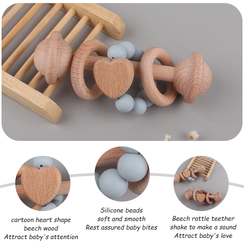 Juguete para niños creativo Beech teether bebé amor mano agarre sonajero cuentas de silicona bebé ejercicio interactivo mordedor palo