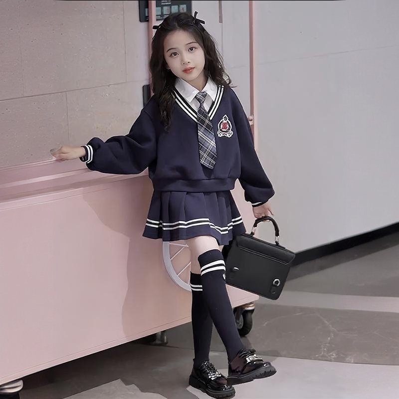 女孩JK裙子韩系卫衣套装中大童韩系拼色春秋新款半身裙长袖两件套|undefined