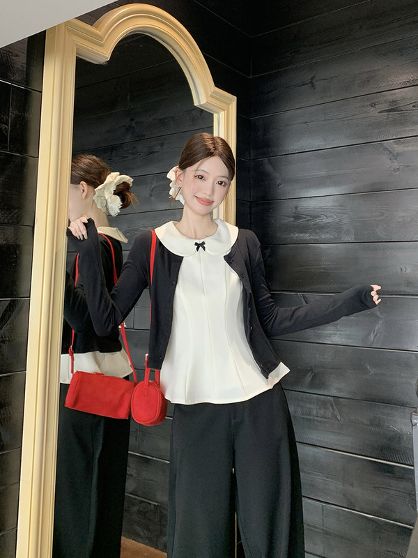 法式娃娃领蝴蝶结吊带背心长袖开衫女2025秋季新款时尚两件套装潮|undefined