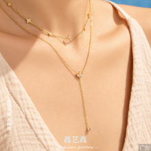 欧美Y字流苏四瓣花锆石颈链不锈钢镀18k金简约高级感女饰品锁骨链