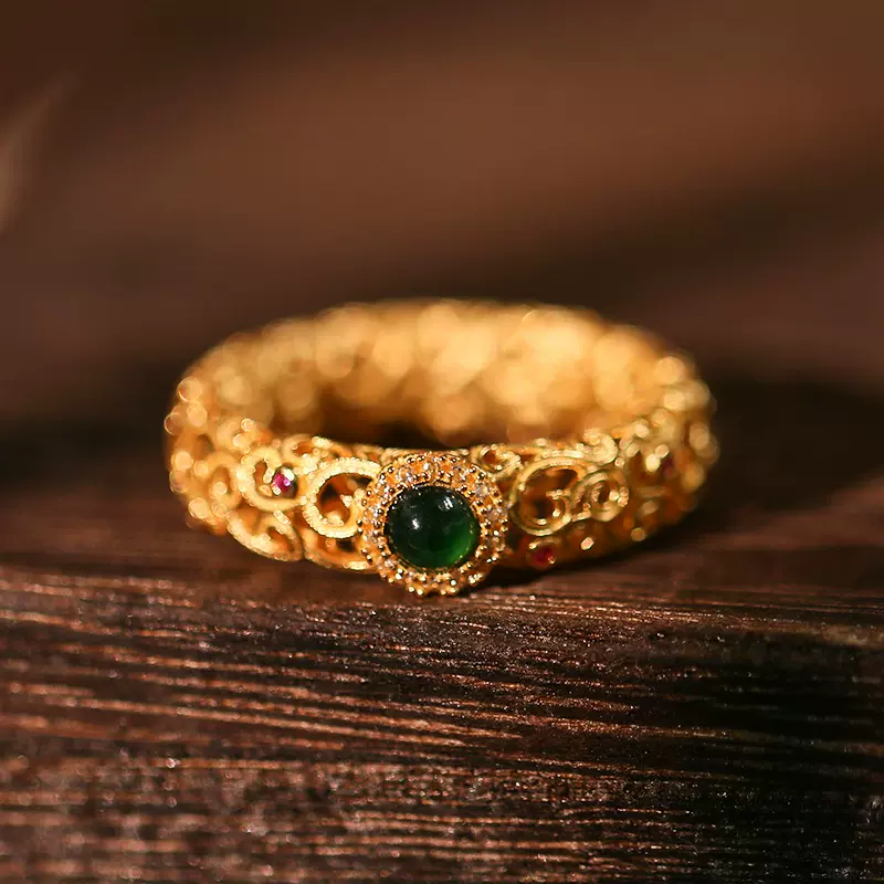 A货翡翠阳绿镶嵌925银镀金戒指宫廷复古工艺3D镂空指环女国潮新品