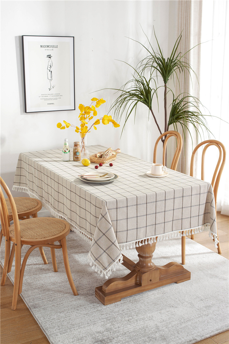 Cafe Double-line Plaid Cotton-polyester-linen Tassel Geometric Rectangular Dining And Coffee Table Tablecloth, Available_voghion.com