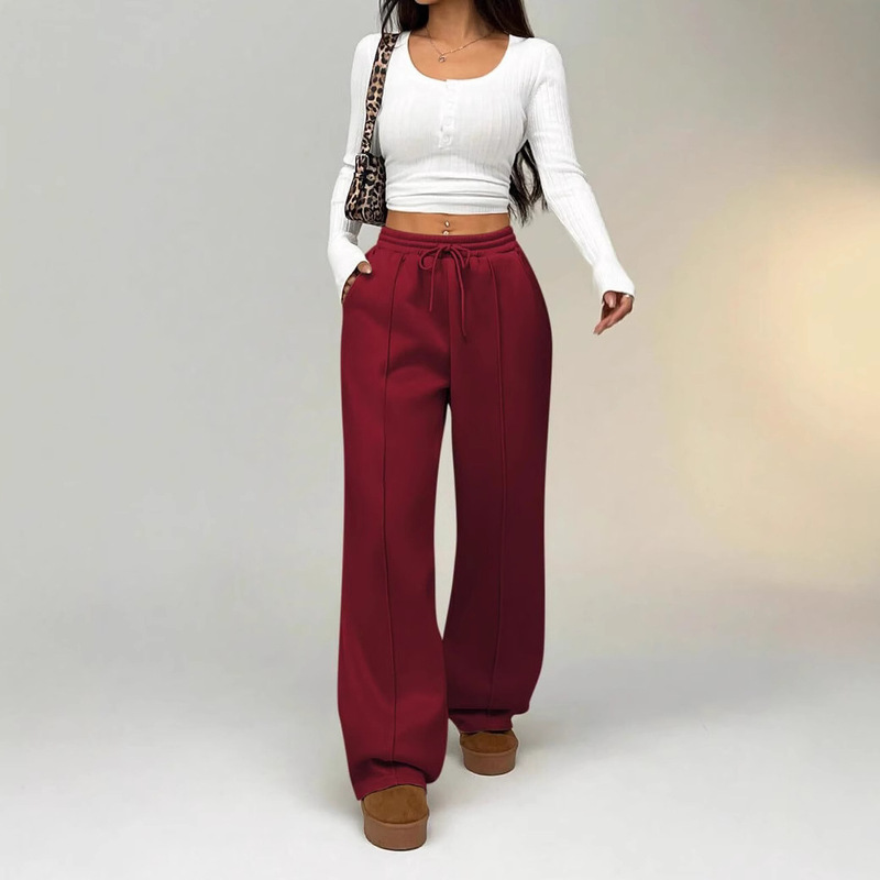 European and American Cross-border Women's Wide Leg Casual Sports Pants High Waist Loose American Sweatpants Solid Color Drawstring Sports Jogging Pants