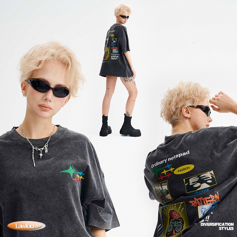 LawFoo primavera y verano marca de moda Nacional Americana Retro lavado viejo grande impreso fuera del hombro versión suelta pareja camiseta moda