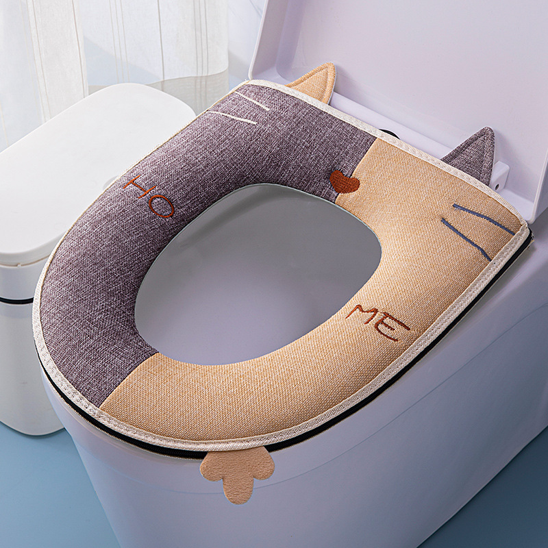 四季対応 猫柄 コントラストデザイン ハンドル付きトイレマット ジッパー式シートクッション トイレカバー 刺繍入りトイレカバー|undefined