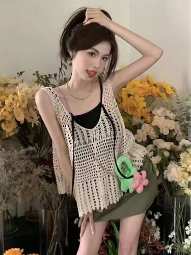 复古民族风针织吊带性感海边外穿镂空美背心夏季格子米白色上衣