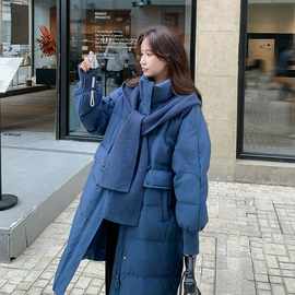 蓝色高级感羽绒服女中长款2025冬季新款宽松加厚设计感白鸭绒外套