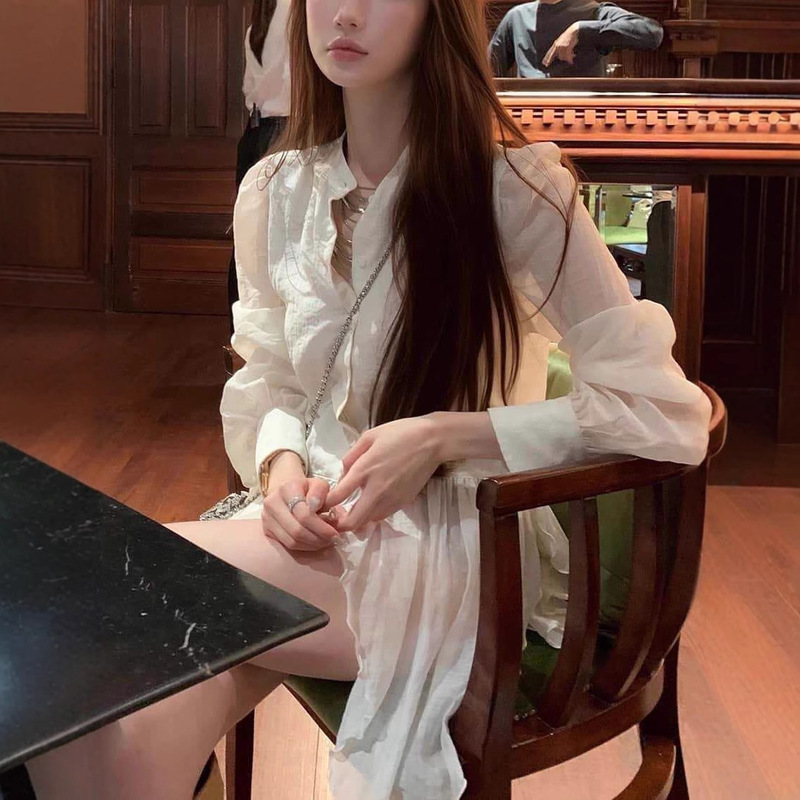 Elegant Slightly See-Through Shirt with Irregular Hem for Women, Autumn Socialite Fashion, Casual Long-Sleeved Shirt