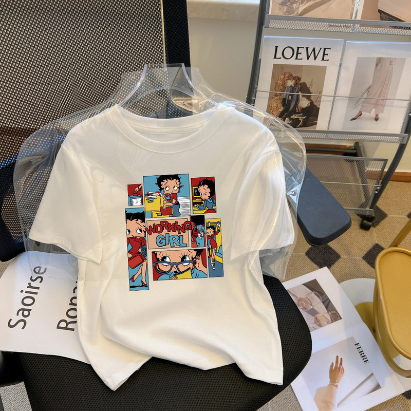 Summer 2024 Little Red Book Online popular short-sleeved T-shirt women's Korean-style retro shoulder cotton white couple top