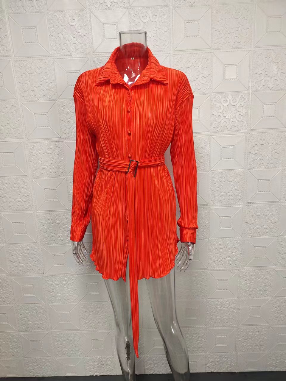 Women's Clothing 2024 women's new shirt collar fashion women's elastic waist pleated long sleeved lace up dress_mkmklike.com