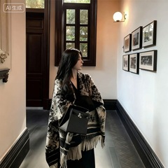 黑白色水墨披肩斗篷女秋冬季外搭高级感韩版百搭加厚保暖围巾批发