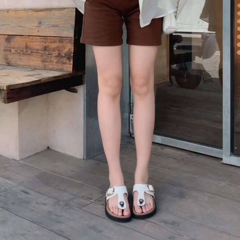Dép sandal nữ quai ngang da bò thật đế dày phong cách Hàn Quốc — Màu Kaki mặt nhung, Màu đen mặt nhung, Trắng sữa vân vải