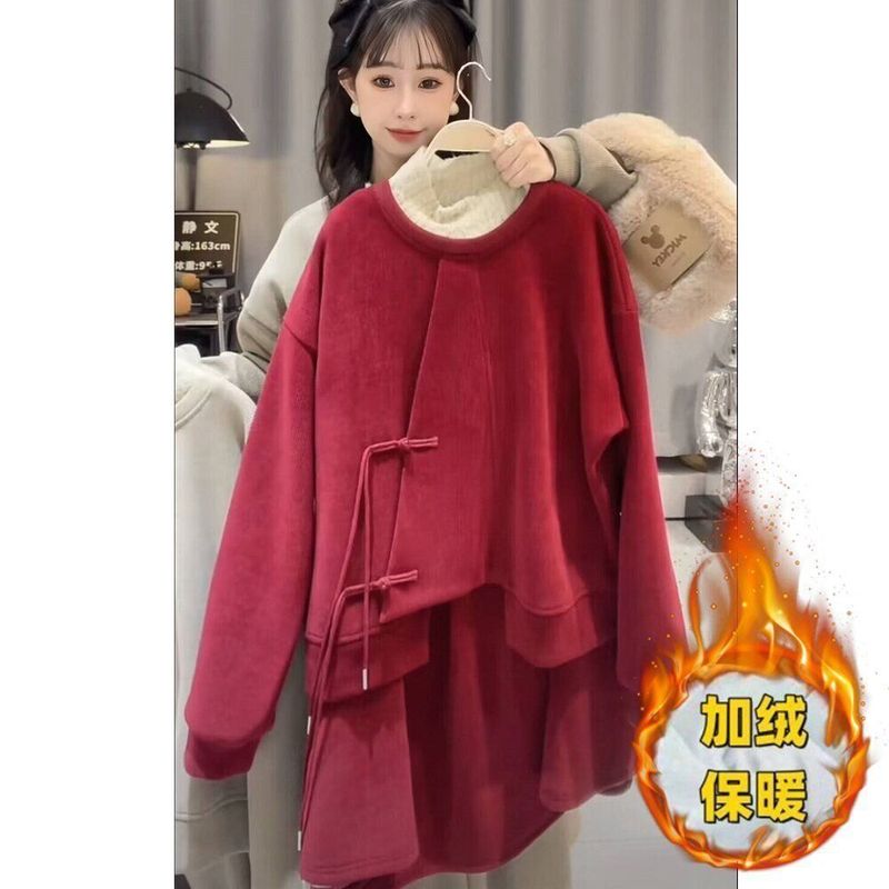 国风卫衣套装女加绒加厚秋冬新款甜美宽松休闲上衣半身裙两件套潮|undefined