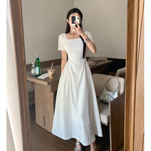 夏季新款古典白玫瑰法式气质纯色高级感短袖连衣裙字高腰显瘦裙子