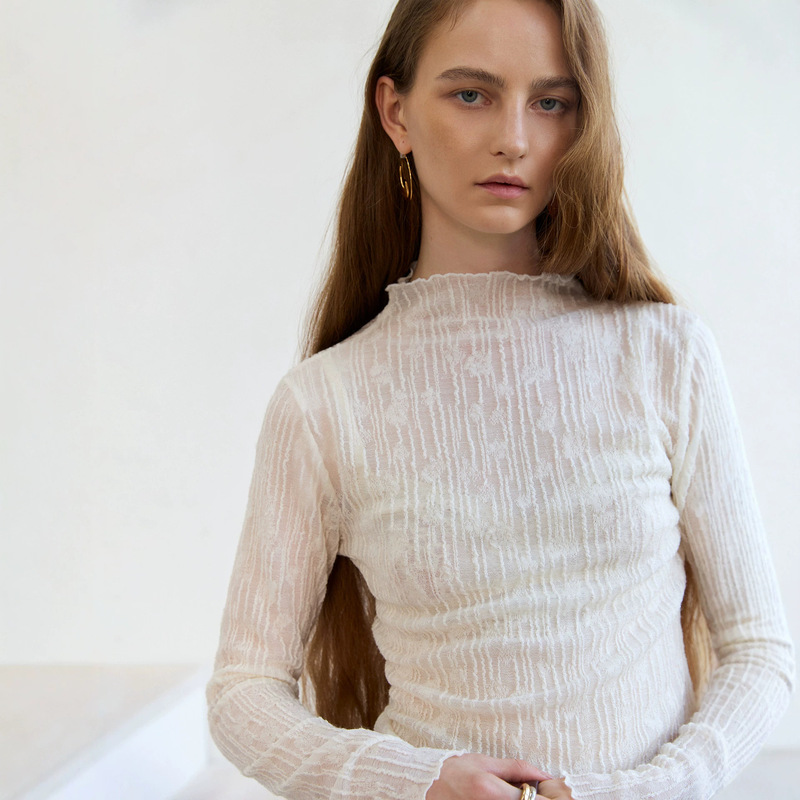 Ao 120S Wool Blend Meiyabi Three-Dimensional Embossed Jacquard Lace Thin Base Shirt for Women in 4 Colors Ao 120S Wool Blend Meiyabi Three-Dimensional Embossed Jacquard Lace Thin Base Shirt for Women in 4 Colors