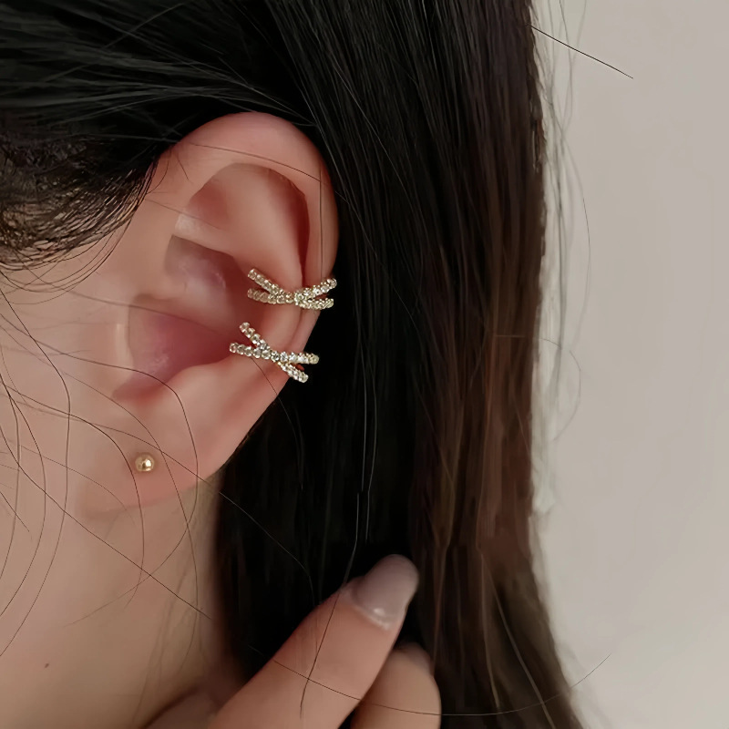 S925 plata esterlina 14K oro diamante cruzado orejas para mujeres lujo ligero alto viento frío sin agujeros de orejas orejas hueso orejas orejas