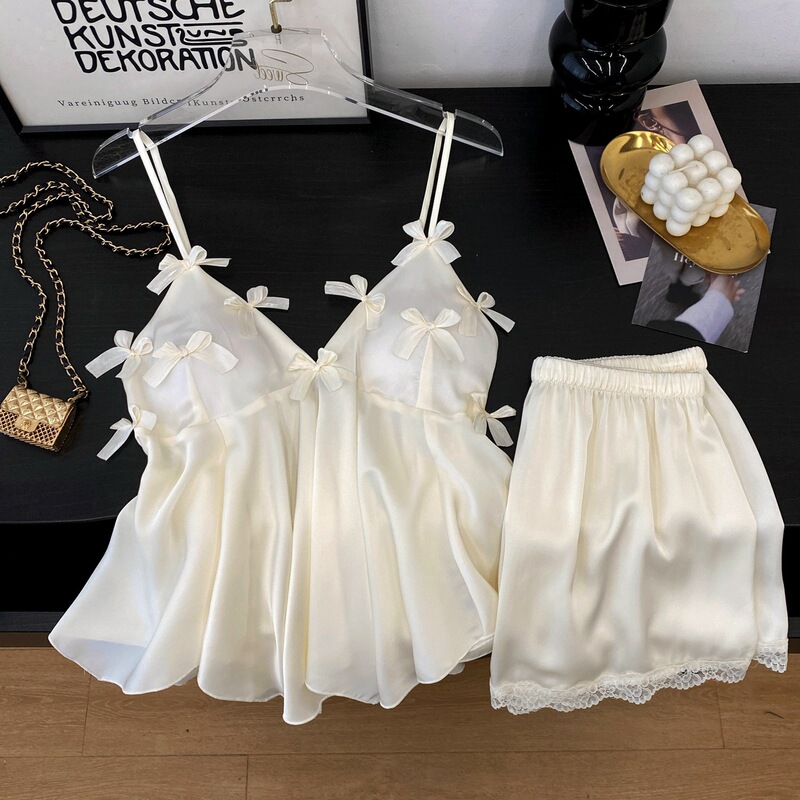 Summer Sweet Girl Pure Desire Suspender Shorts with Bowknot Ice Silk Pajamas for Women with Chest Pads, High-End Home Wear Summer Sweet Girl Pure Desire Suspender Shorts with Bowknot Ice Silk Pajamas for Women with Chest Pads, High-End Home Wear